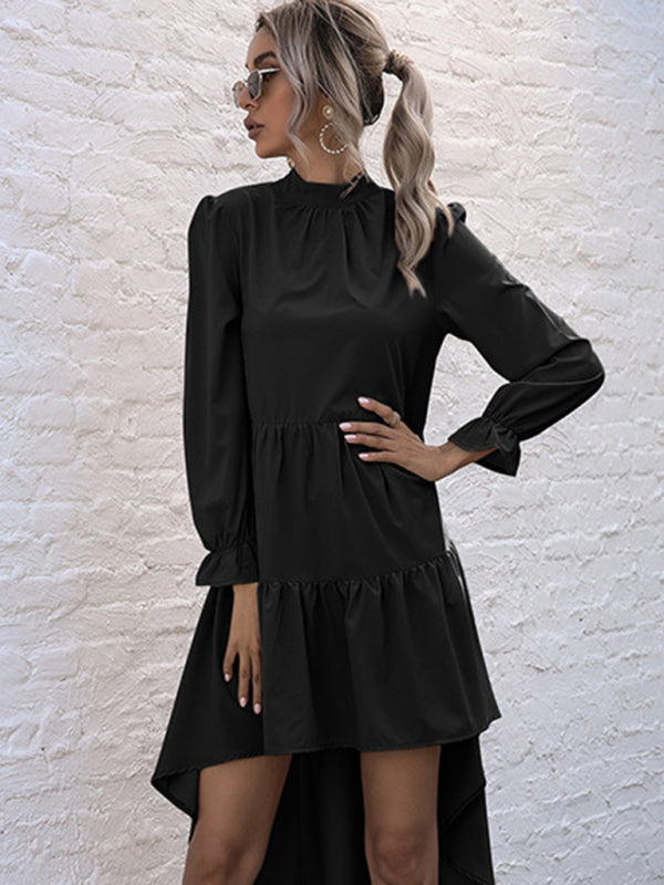 New women's solid color long sleeve irregular half turtleneck dress - Closther