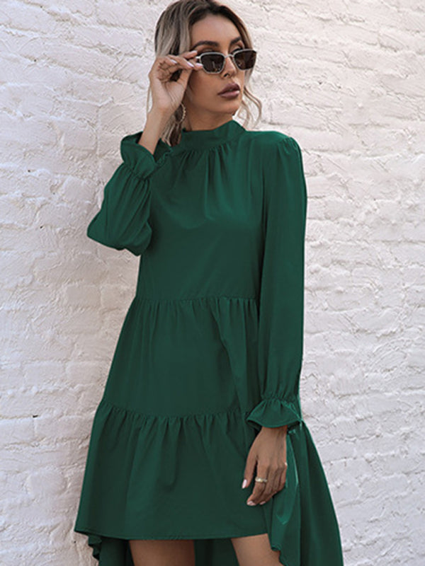 New women's solid color long sleeve irregular half turtleneck dress - Closther