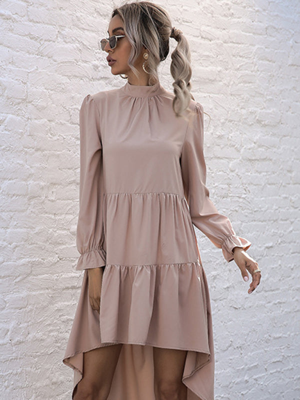 New women's solid color long sleeve irregular half turtleneck dress - Closther