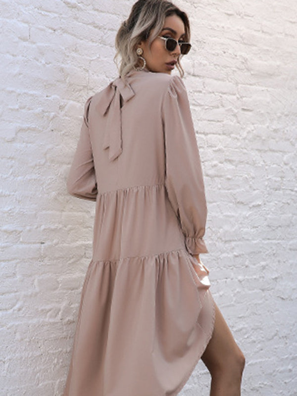 New women's solid color long sleeve irregular half turtleneck dress - Closther