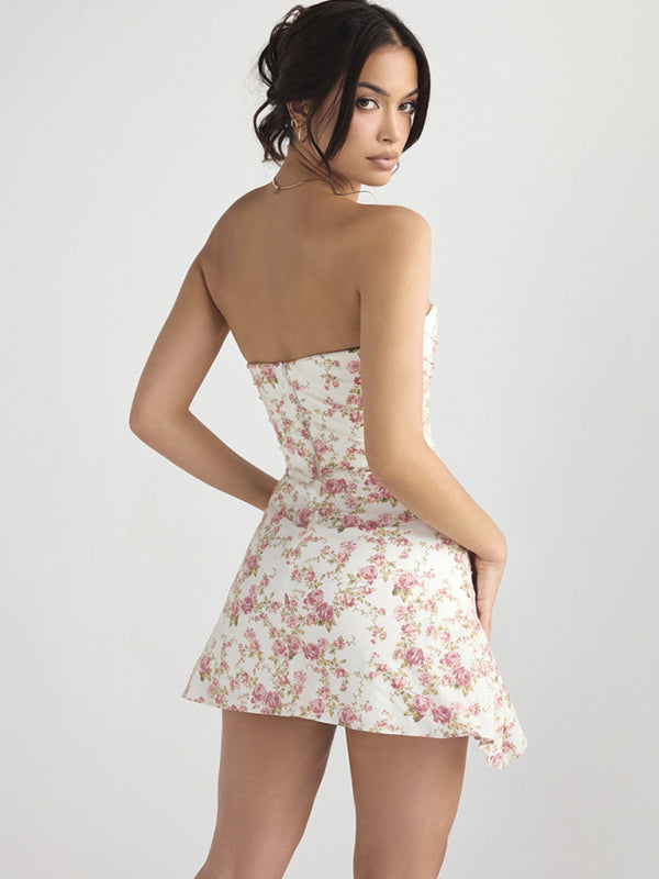 Jupe bustier dos nu tendance pour femme, robe française fleurie moulante 