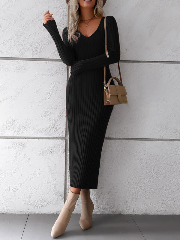 Robe pull élégante à manches longues et col en V, couleur unie, style moderne pour femme 