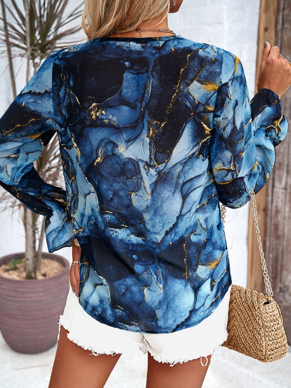 New fashionable women's casual printed long-sleeved V-neck shirt - Closther