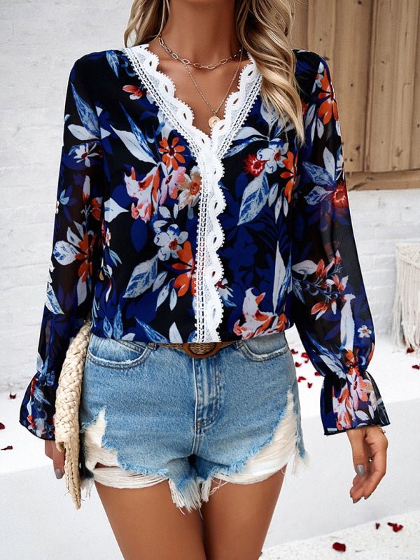 New fashionable women's casual printed long-sleeved V-neck shirt - Closther