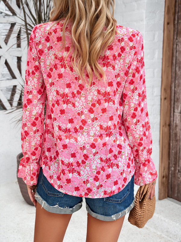 New fashionable women's casual printed long-sleeved V-neck shirt - Closther