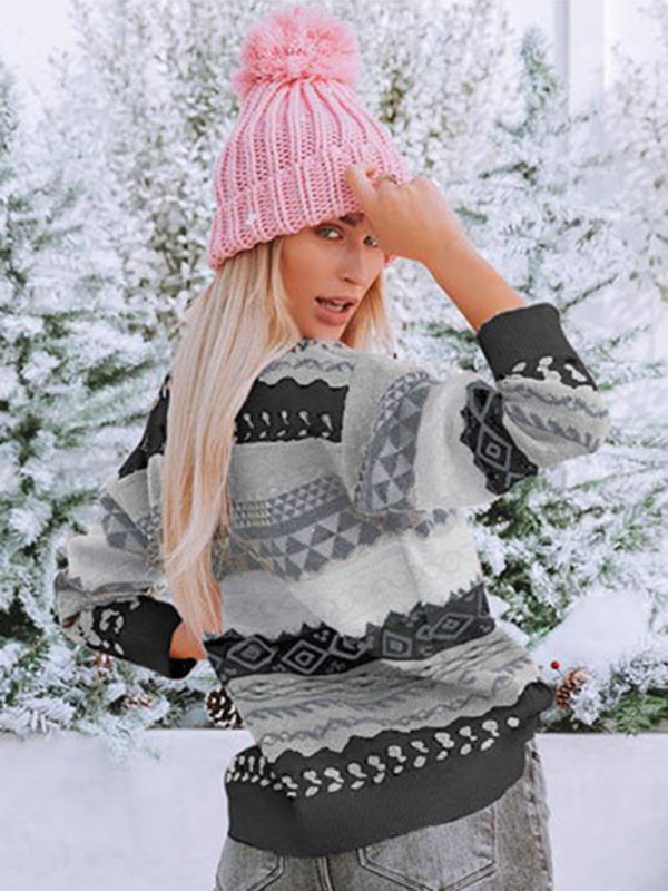 Pull ample à col rond en jacquard losange multicolore à motif rétro. 