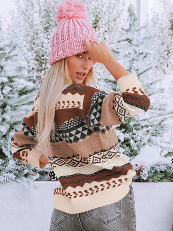 Pull ample à col rond en jacquard losange multicolore à motif rétro. 