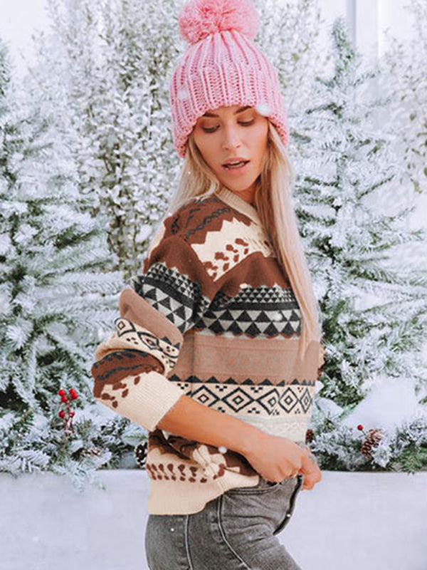 Pull ample à col rond en jacquard losange multicolore à motif rétro. 