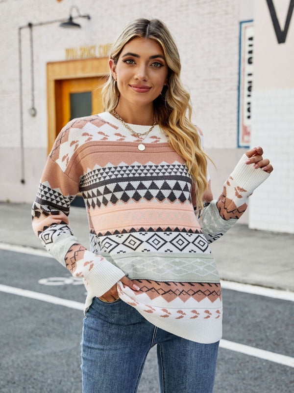 Pull ample à col rond en jacquard losange multicolore à motif rétro. 