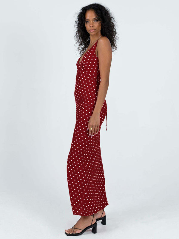 Damen-Fischschwanzkleid mit gepunktetem Hosenträger und V-Ausschnitt 