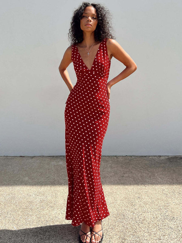 Damen-Fischschwanzkleid mit gepunktetem Hosenträger und V-Ausschnitt 
