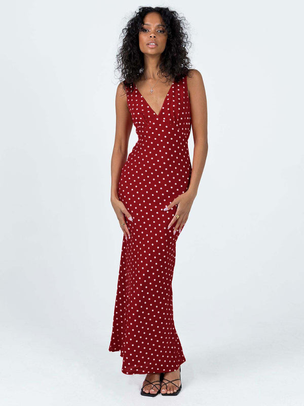 Damen-Fischschwanzkleid mit gepunktetem Hosenträger und V-Ausschnitt 