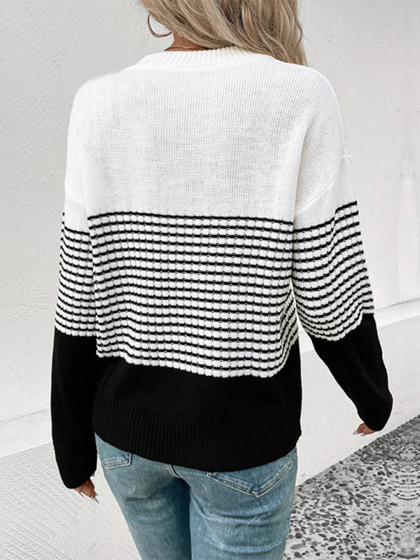 New Women's Long Sleeve Striped Contrast Color Pullover Sweater - Closther