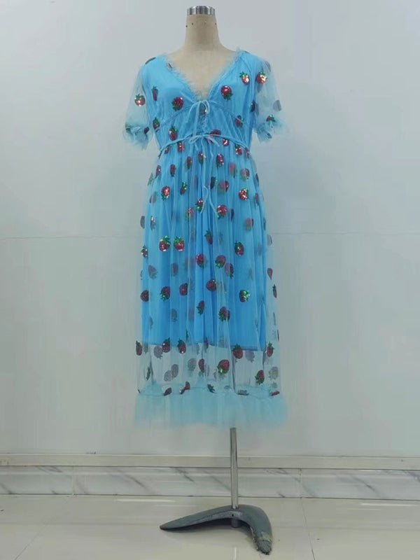 Blue variant of strawberry print sequined midi dress – mannequin display