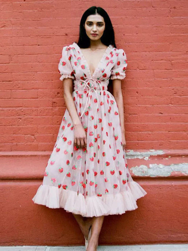 Strawberry Romance midi dress with tiered tulle hem – full length view