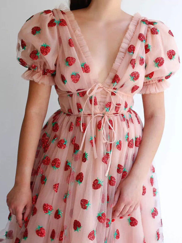 Women's romantic midi dress with mesh paneling and ruffled sleeves – back view
