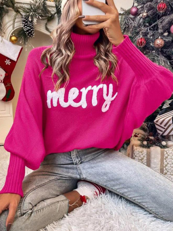 Women turtleneck loose bat sleeves letter sweater