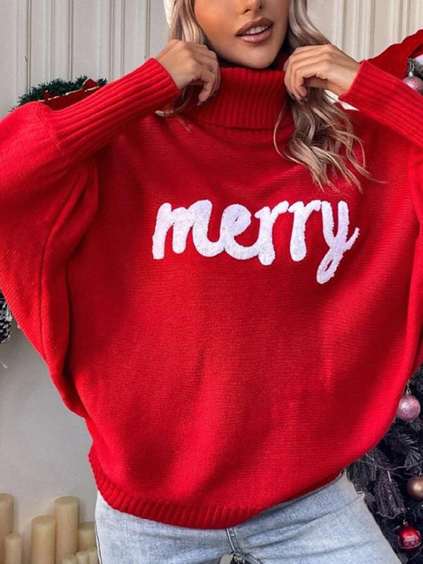 Women turtleneck loose bat sleeves letter sweater