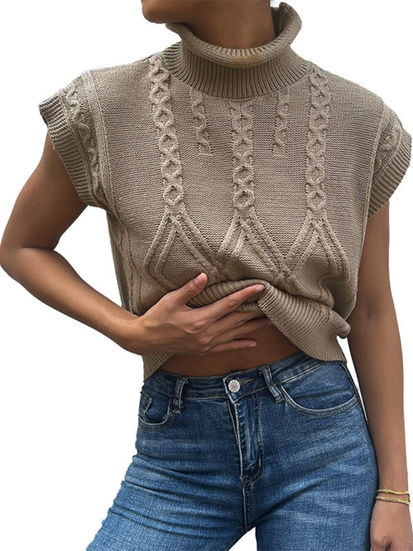 New women's solid color short sleeve turtleneck sweater - Closther