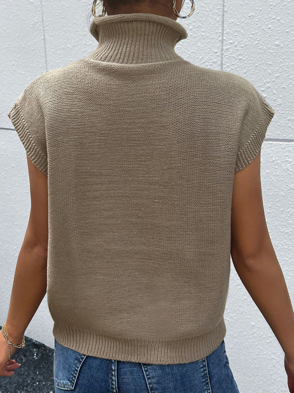 New women's solid color short sleeve turtleneck sweater - Closther