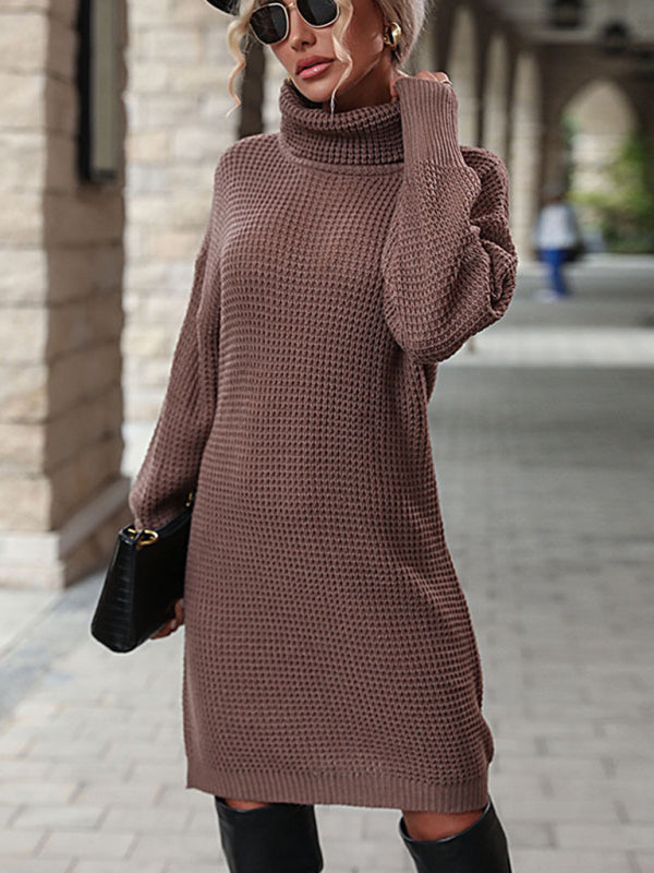 New women's solid color turtleneck sweater dress - Closther