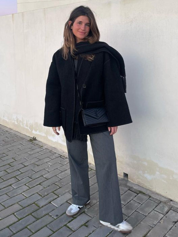 Neuer modischer, dicker Wollmantel für Herbst und Winter mit Schalquasten für Damen 