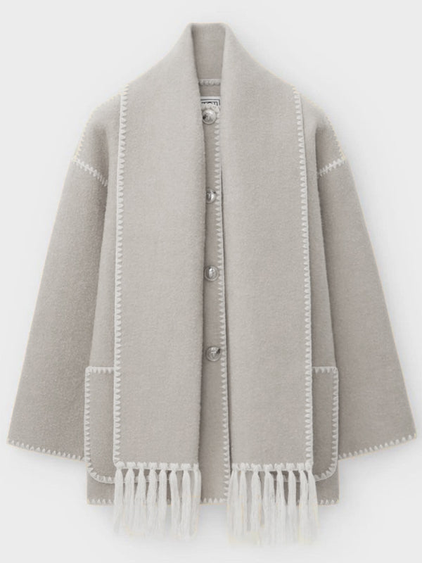 Neuer modischer, dicker Wollmantel für Herbst und Winter mit Schalquasten für Damen 