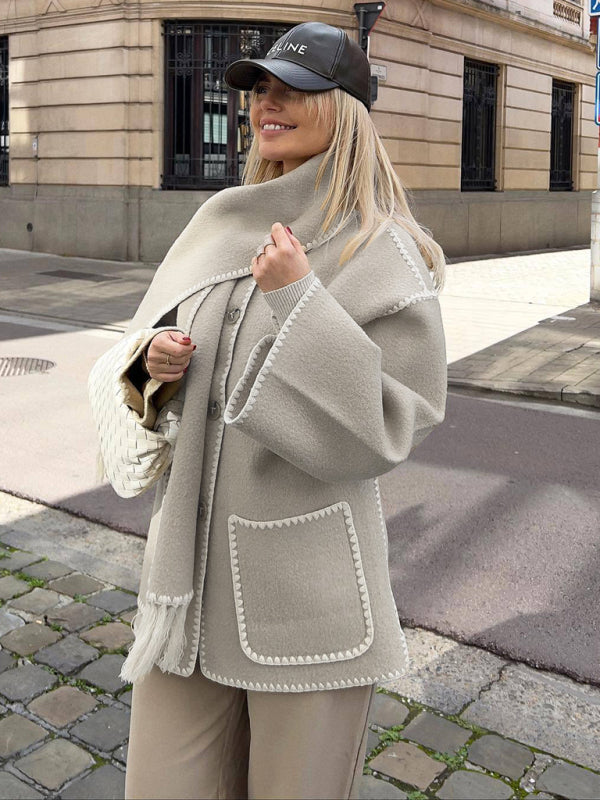 Neuer modischer, dicker Wollmantel für Herbst und Winter mit Schalquasten für Damen 