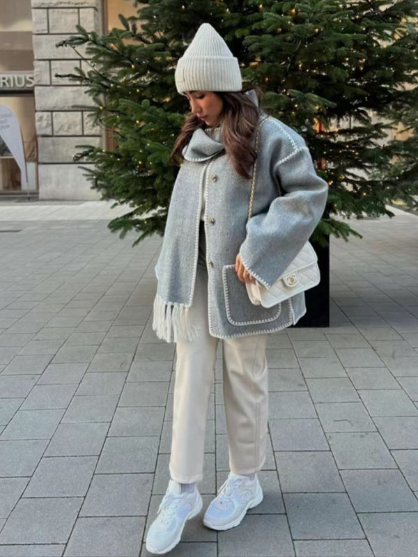 Neuer modischer, dicker Wollmantel für Herbst und Winter mit Schalquasten für Damen 