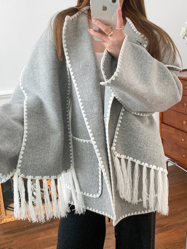 Neuer modischer, dicker Wollmantel für Herbst und Winter mit Schalquasten für Damen 