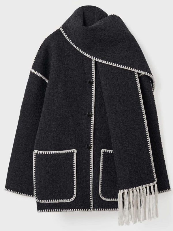 Neuer modischer, dicker Wollmantel für Herbst und Winter mit Schalquasten für Damen 