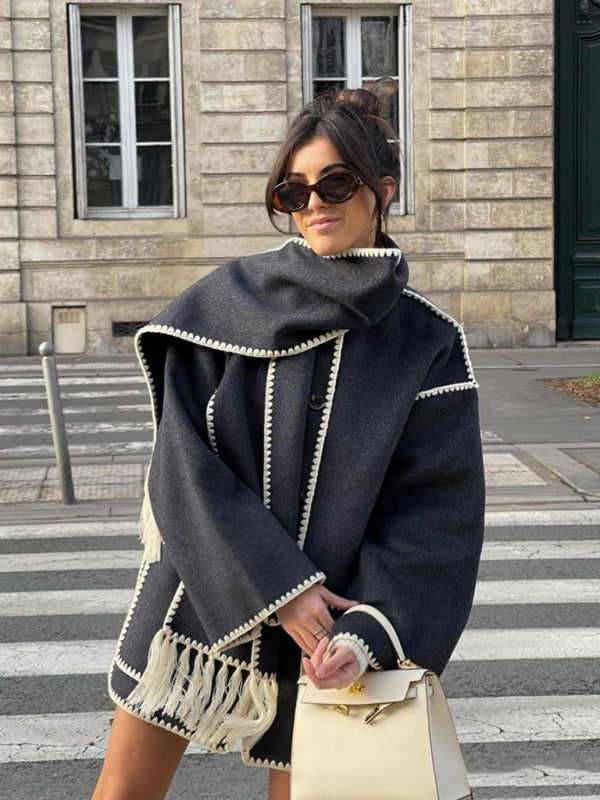 Neuer modischer, dicker Wollmantel für Herbst und Winter mit Schalquasten für Damen 