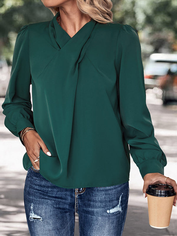 New women's solid color pullover long sleeve shirt - Closther