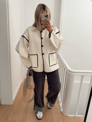 Women's New Fashion Button Round Neck Loose Color Block Knitted Jacket – front view