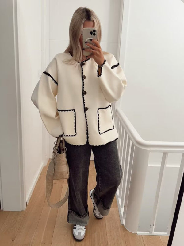 Women's New Fashion Button Round Neck Loose Color Block Knitted Jacket – front view