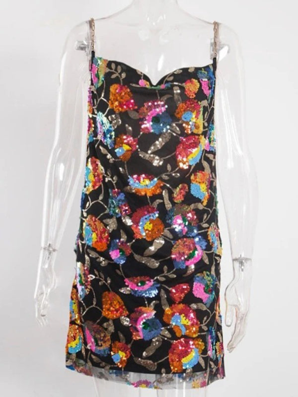 Robe courte sexy pour femme, dos nu, à sequins et chaîne florale, col bateau 