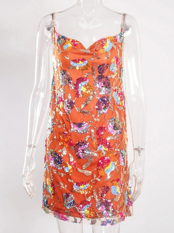 Robe courte sexy pour femme, dos nu, à sequins et chaîne florale, col bateau 