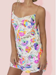 Robe courte sexy pour femme, dos nu, à sequins et chaîne florale, col bateau 