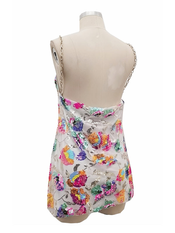 Robe courte sexy pour femme, dos nu, à sequins et chaîne florale, col bateau 