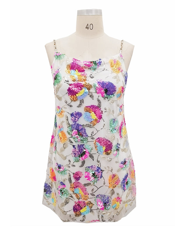 Robe courte sexy pour femme, dos nu, à sequins et chaîne florale, col bateau 
