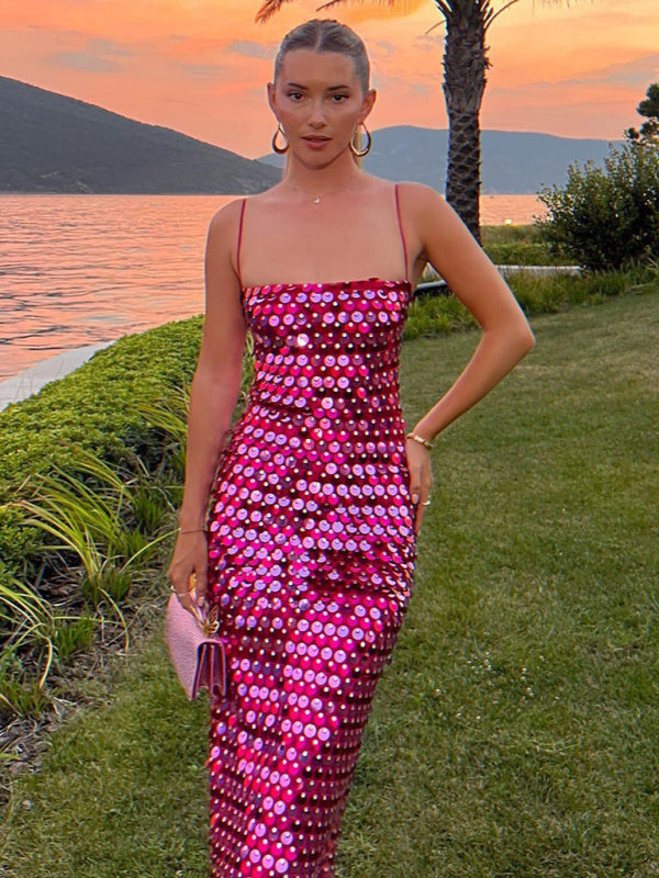 Robe longue de soirée bustier ornée de perles pour femme 