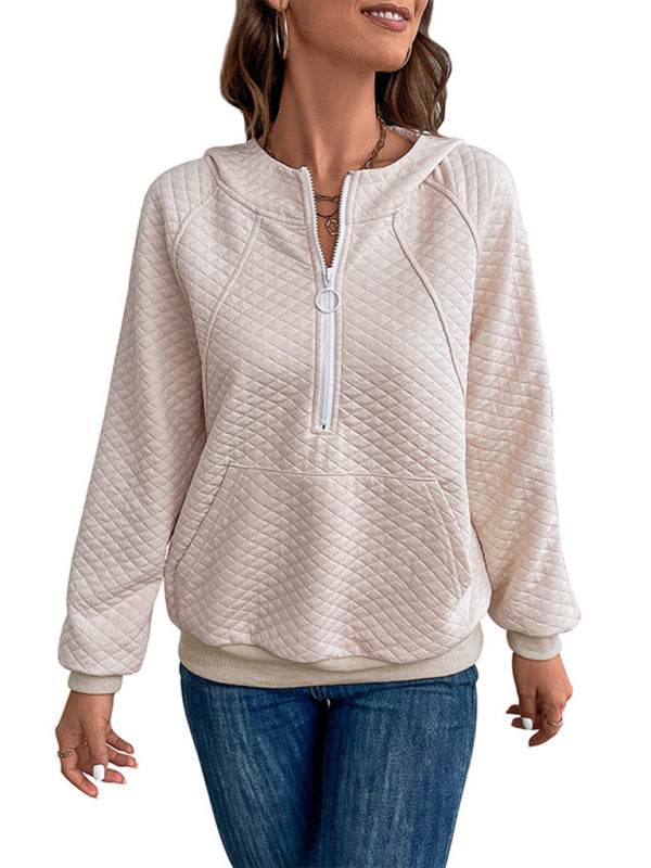 Women's hooded long-sleeved solid color diamond check sweatshirt - Closther