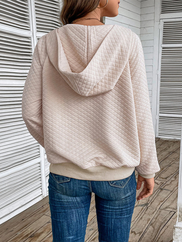 Women's hooded long-sleeved solid color diamond check sweatshirt - Closther