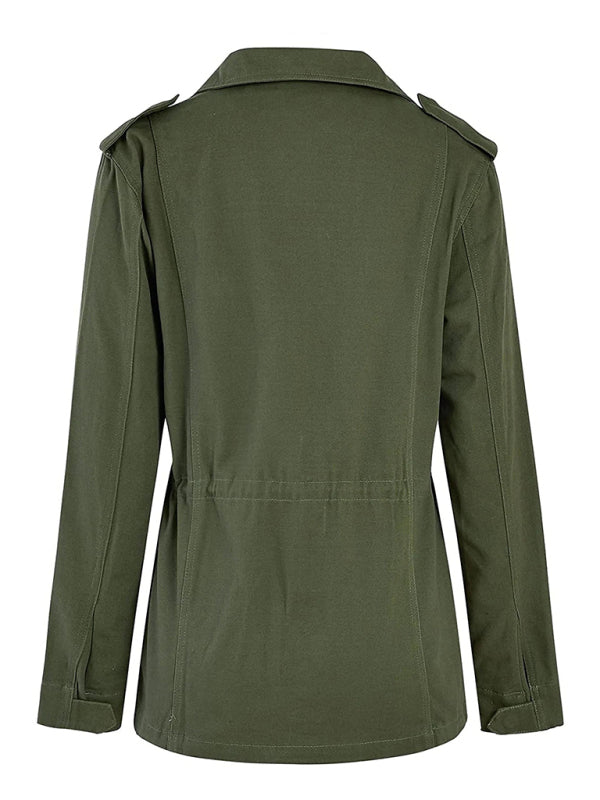 Slim fashion trendy solid color loose zippered multi-pocket jacket women's coat