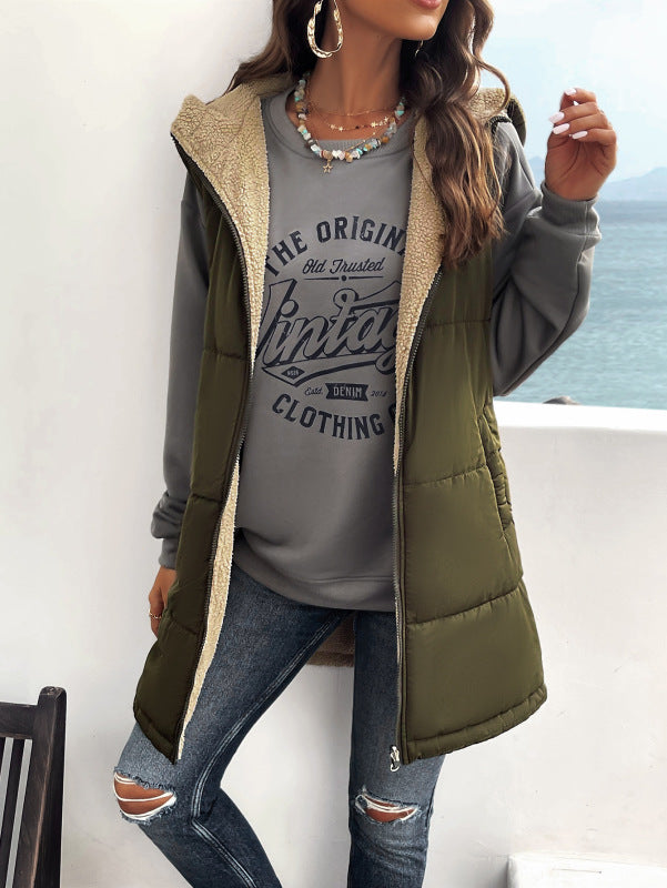 Women's new solid color winter loose commuting mid-length hooded cotton coat - Closther