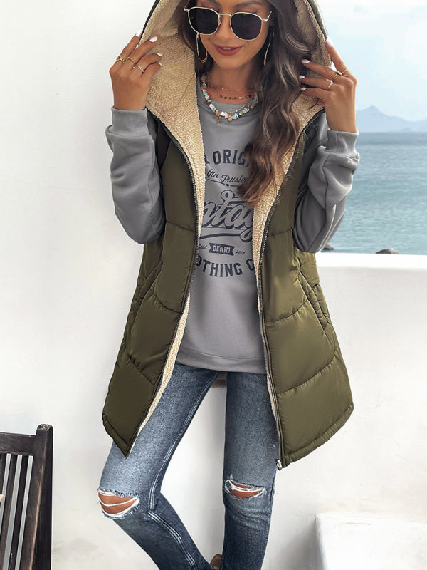 Women's new solid color winter loose commuting mid-length hooded cotton coat - Closther