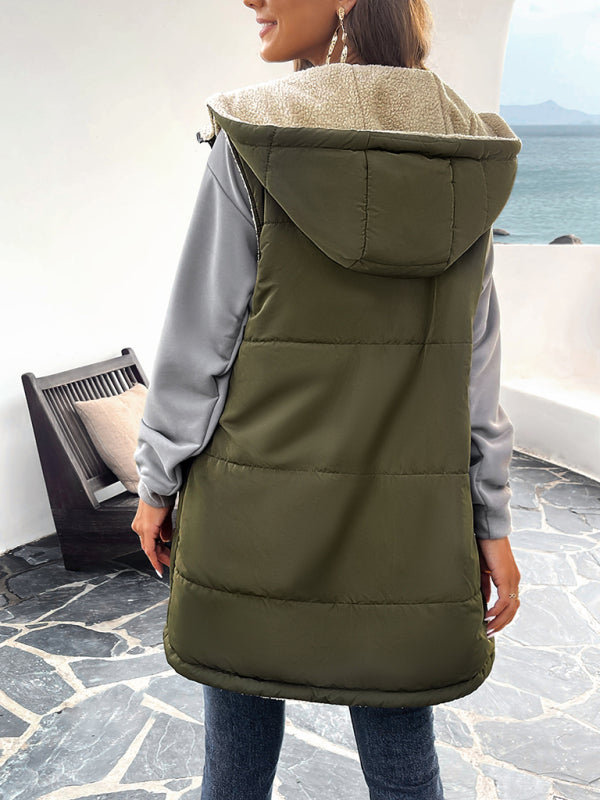 Women's new solid color winter loose commuting mid-length hooded cotton coat - Closther