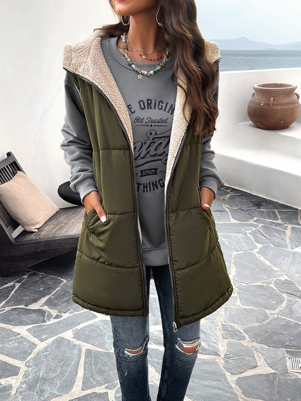 Women's new solid color winter loose commuting mid-length hooded cotton coat - Closther