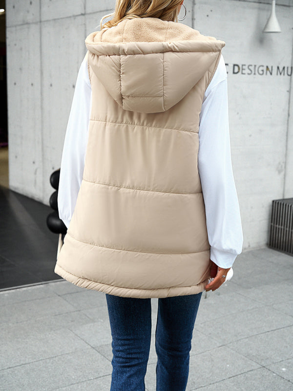 Women's new solid color winter loose commuting mid-length hooded cotton coat - Closther