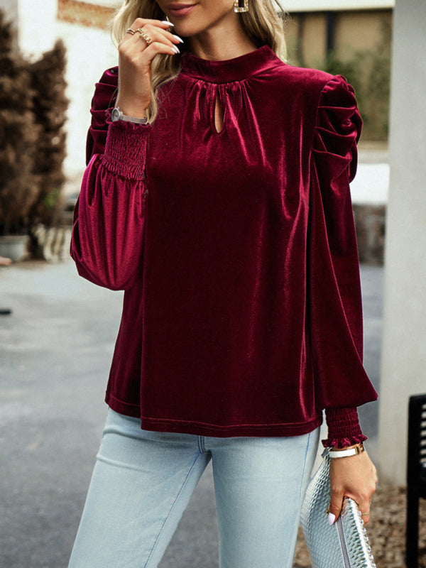 Women's gold velvet turtleneck bow puff sleeve shirt - Closther